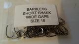 Barbless short shank wide gape hooks
