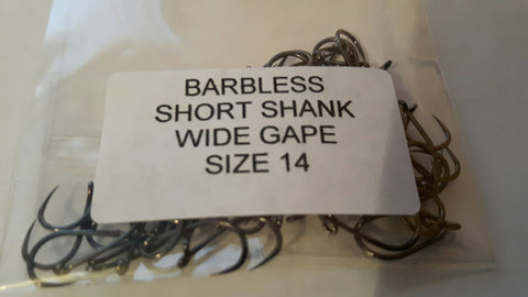Barbless short shank wide gape hooks